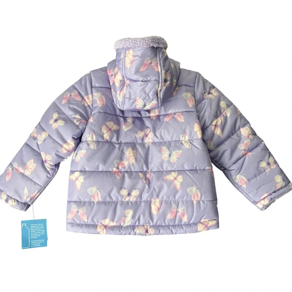 Falls Creek Kids 5T Reversible Puffer Coat Purple Butterfly Sherpa Insulated New
